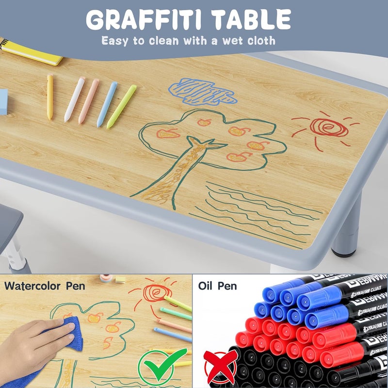 Brelley Kids Table and 4 Chairs Set, Height Adjustable Toddler Desk and Chair Set, Graffiti Desktop, Non-Slip Legs, Max 300lbs, Children Multi-Activity Table for Ages 2-8 - Image 4